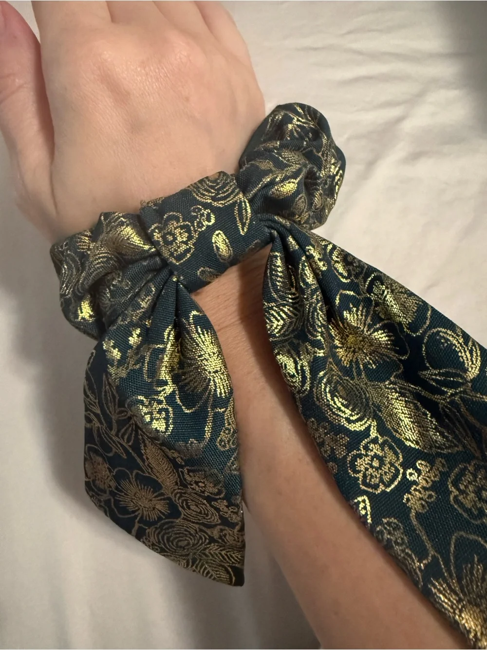 NWT Rifle Paper Co Hair Scrunchie / Bow Deep Green and Gold Floral